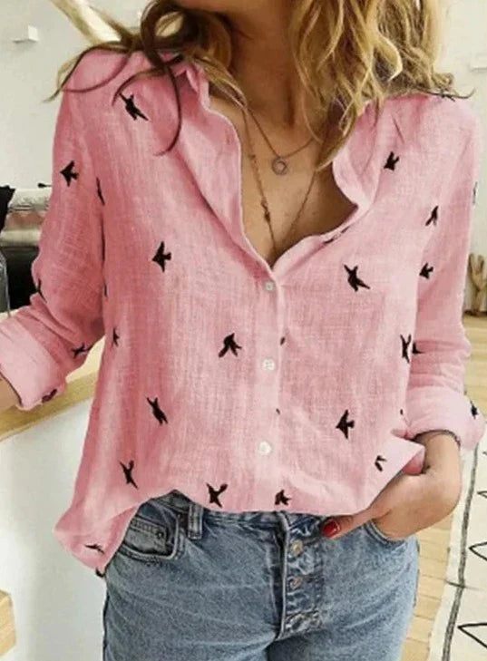 Avery Women's Long Sleeve Bird Print Button-Down Blouse