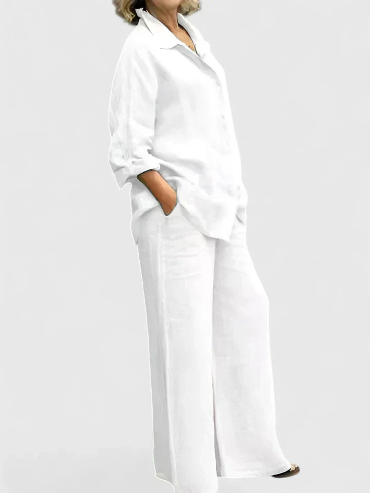 Roslyn | Women's Two-Piece Set: Button-Down Shirt and Wide Leg Pants