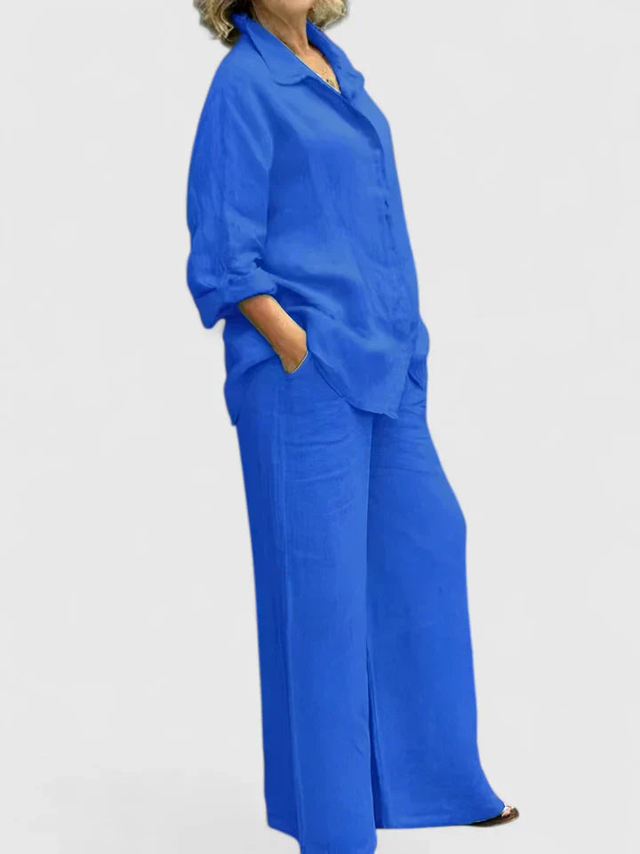 Roslyn | Women's Two-Piece Set: Button-Down Shirt and Wide Leg Pants