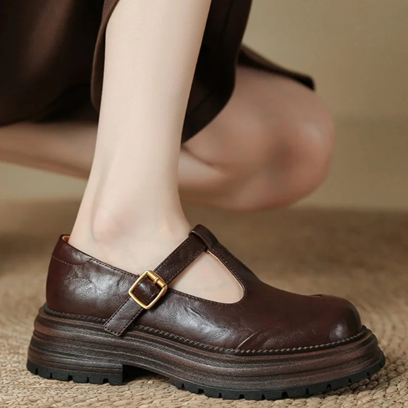 Blythe | Women's Round Toe T-Bar Mary Jane Brogue Shoes with Low Heel