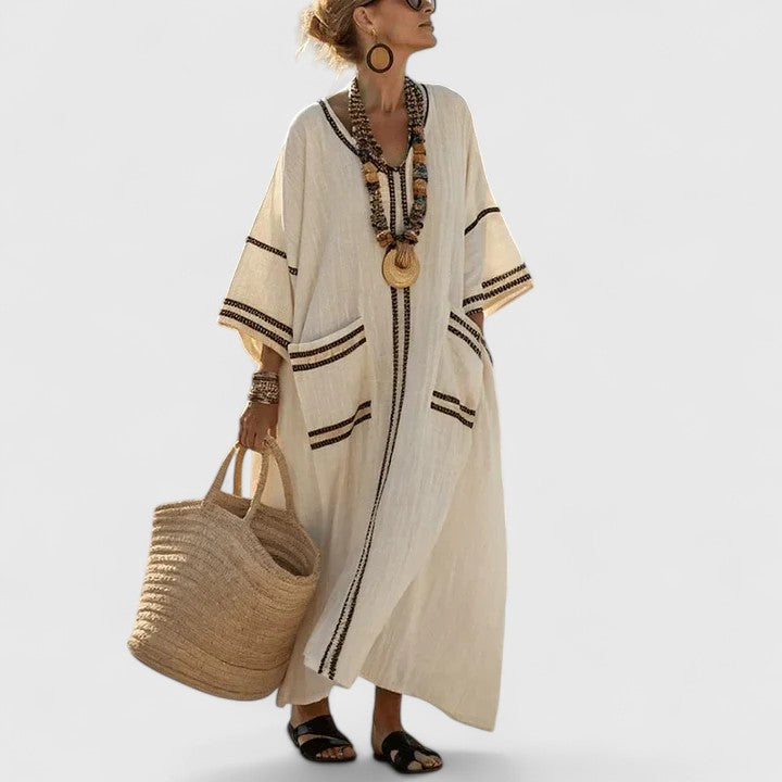 Sage | Women's Striped Linen Maxi Dress with V-Neck and Pockets