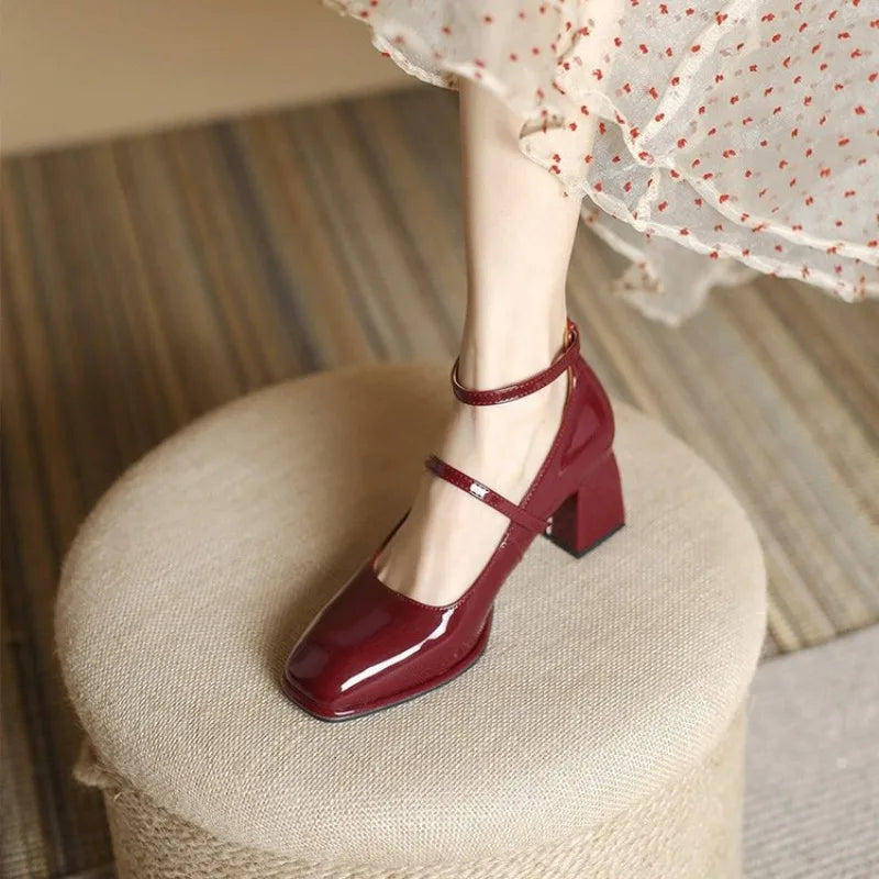 Celeste | Women's Square Toe Mary Jane Pumps with Ankle Strap and Block Heel