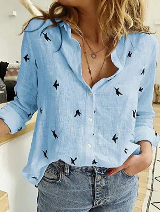Avery Women's Long Sleeve Bird Print Button-Down Blouse