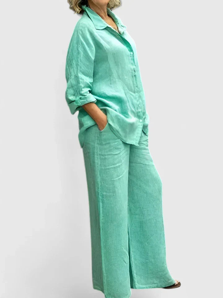 Roslyn | Women's Two-Piece Set: Button-Down Shirt and Wide Leg Pants