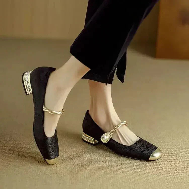 Celeste | Women's Glitter Block Heel Mary Jane Shoes with Pearl Strap