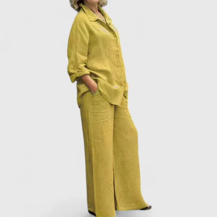 Roslyn | Women's Two-Piece Set: Button-Down Shirt and Wide Leg Pants