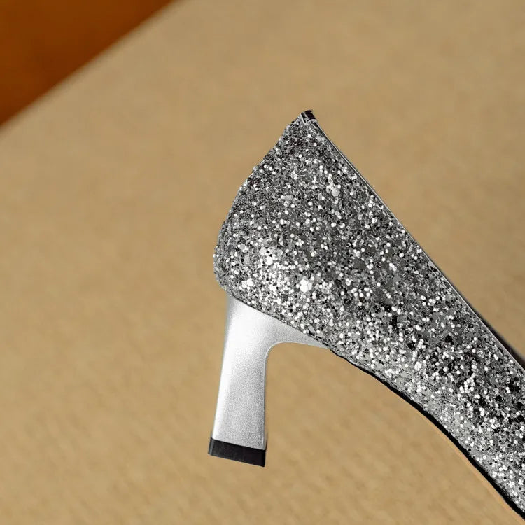 Stella | Women's Pointed Toe Glitter Block Heel Pumps with Crystal Buckle