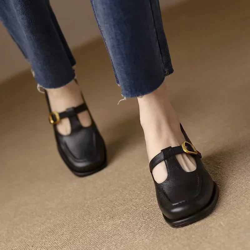Wren | Women's T-Strap Mary Jane Shoes with Square Toe and Low Block Heel