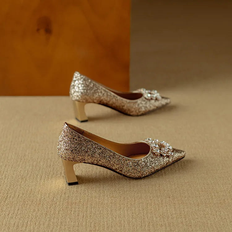 Stella | Women's Pointed Toe Glitter Block Heel Pumps with Crystal Buckle