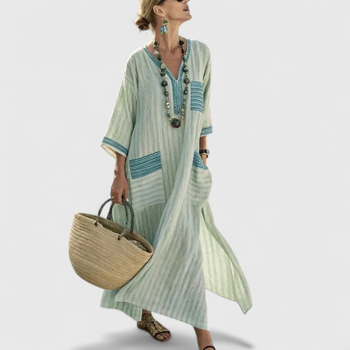 Sage | Women's Striped Linen Maxi Dress with V-Neck and Pockets