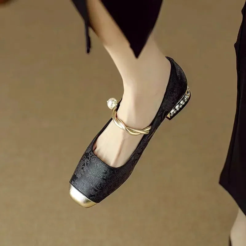 Celeste | Women's Glitter Block Heel Mary Jane Shoes with Pearl Strap