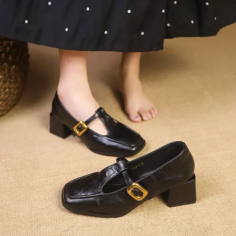 Odette | Women's Square Toe Mary Jane Block Heels with Gold Buckle