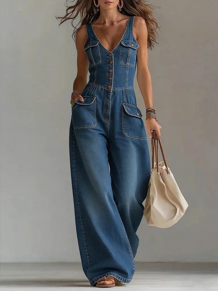 Vintage-Inspired Wide Leg Denim Jumpsuit