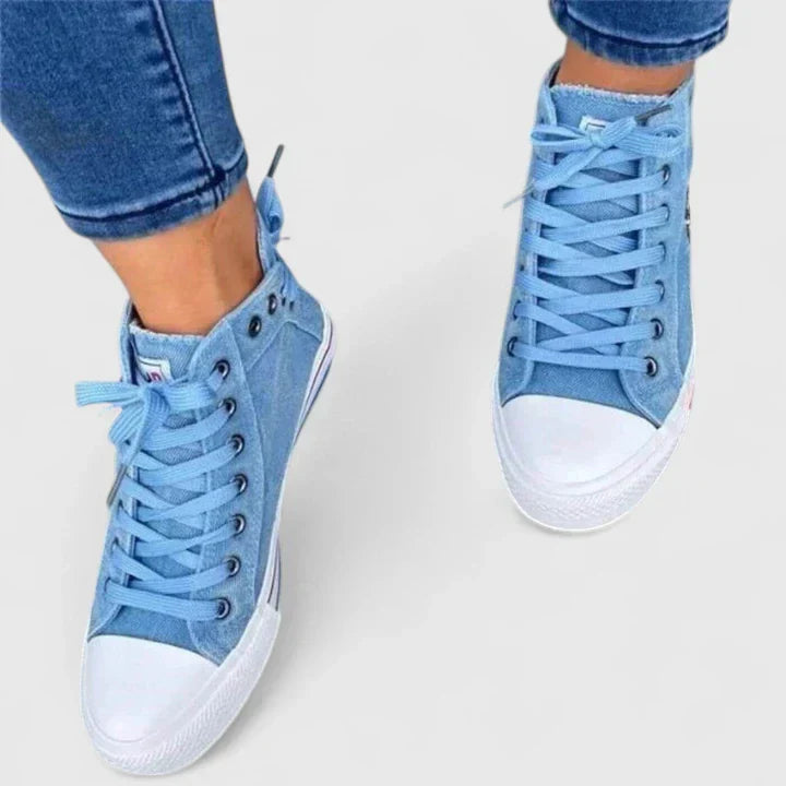 Freya | Women's High-Top Denim Lace-Up Sneakers with Side Zipper