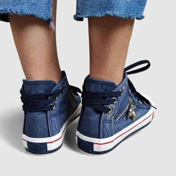 Freya | Women's High-Top Denim Lace-Up Sneakers with Side Zipper