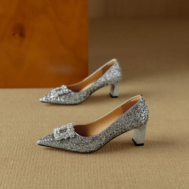 Stella | Women's Pointed Toe Glitter Block Heel Pumps with Crystal Buckle