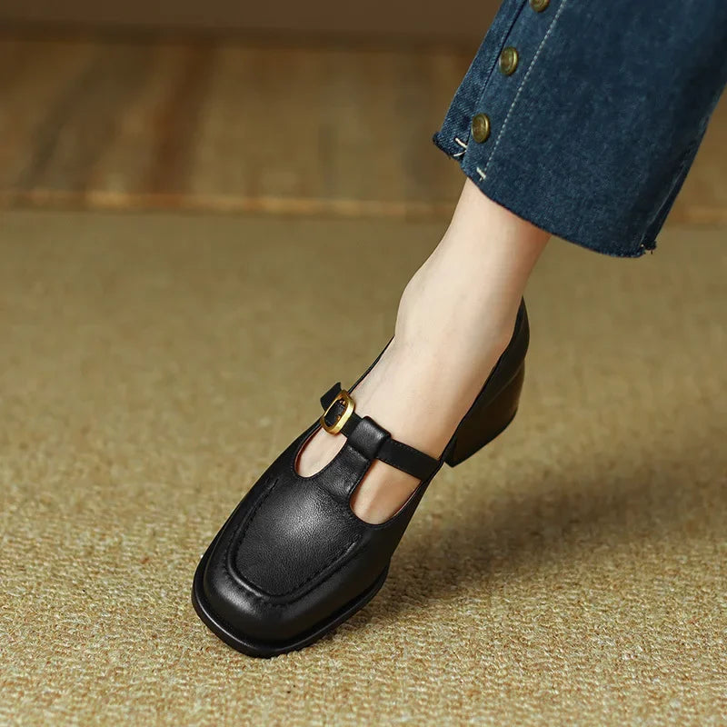 Wren | Women's T-Strap Mary Jane Shoes with Square Toe and Low Block Heel
