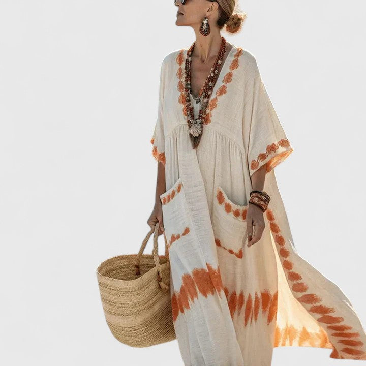 Sage | Women's Striped Linen Maxi Dress with V-Neck and Pockets