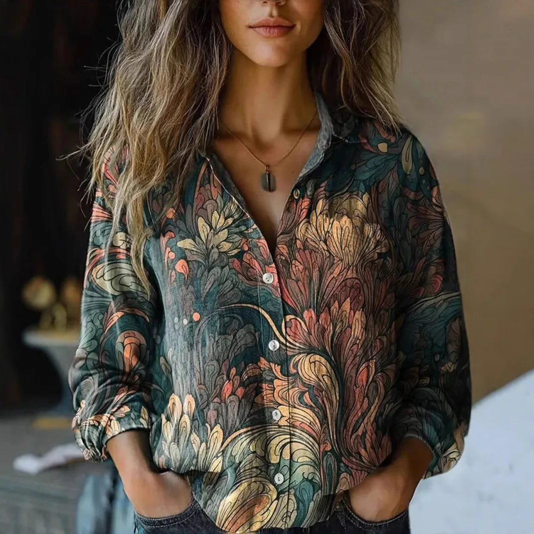 Vintage Floral Print Long Sleeve Button-Down Shirt for Women - Autumn Collection