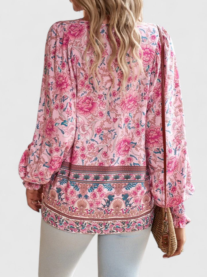 Sienna | Women's Bohemian Floral V-Neck Blouse with Puff Sleeves