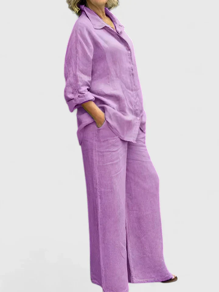 Roslyn | Women's Two-Piece Set: Button-Down Shirt and Wide Leg Pants