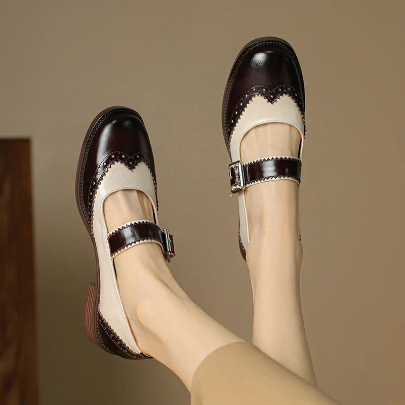 Harlow | Women's Two-Tone Leather Brogue T-Strap Mary Jane Shoes