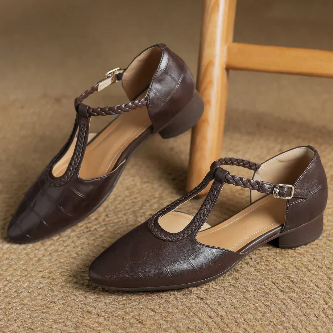 Margot | Women's Pointed Toe Leather T-Strap Mary Jane Flats