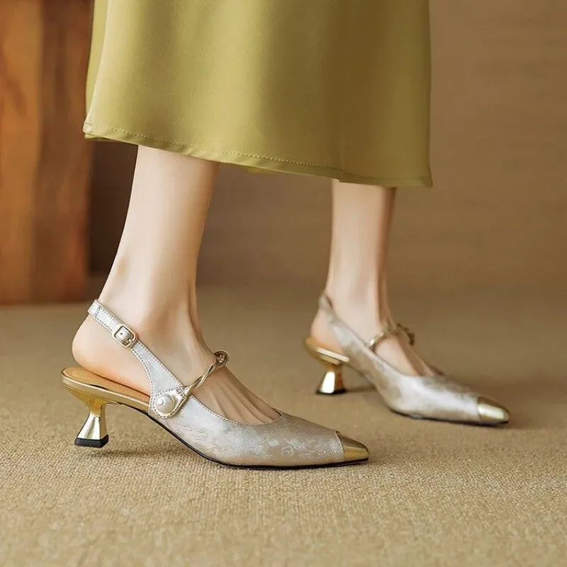 Fleur | Women's Pointed Toe Slingback Kitten Heels with Pearl Strap