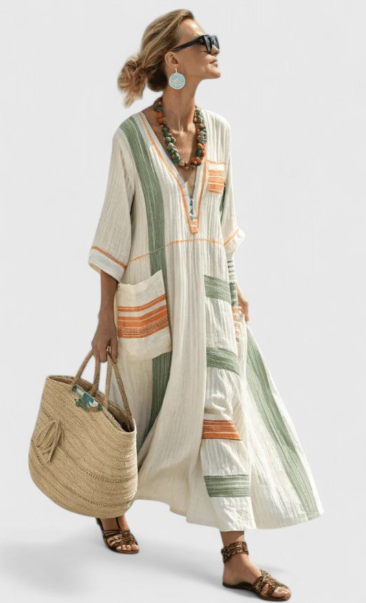 Serena | Women's Striped V-Neck Maxi Kaftan Dress