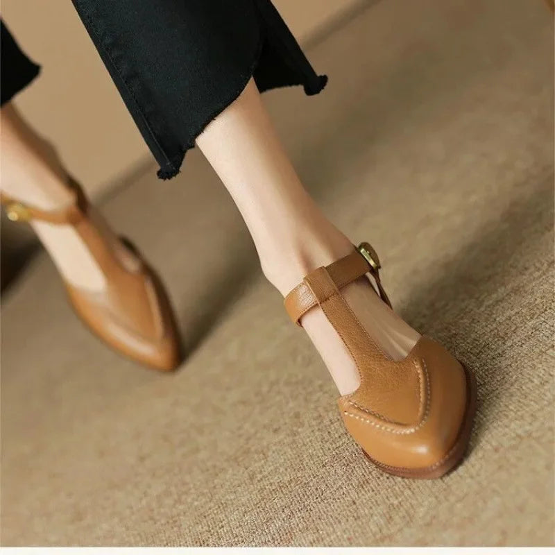 Sloane | Women's Pointed Toe T-Strap Buckle Flats with Low Heel