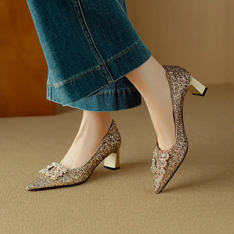 Stella | Women's Pointed Toe Glitter Block Heel Pumps with Crystal Buckle