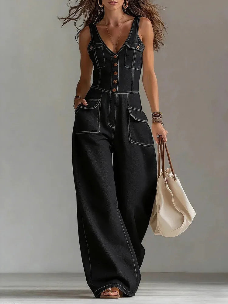 Vintage-Inspired Wide Leg Denim Jumpsuit