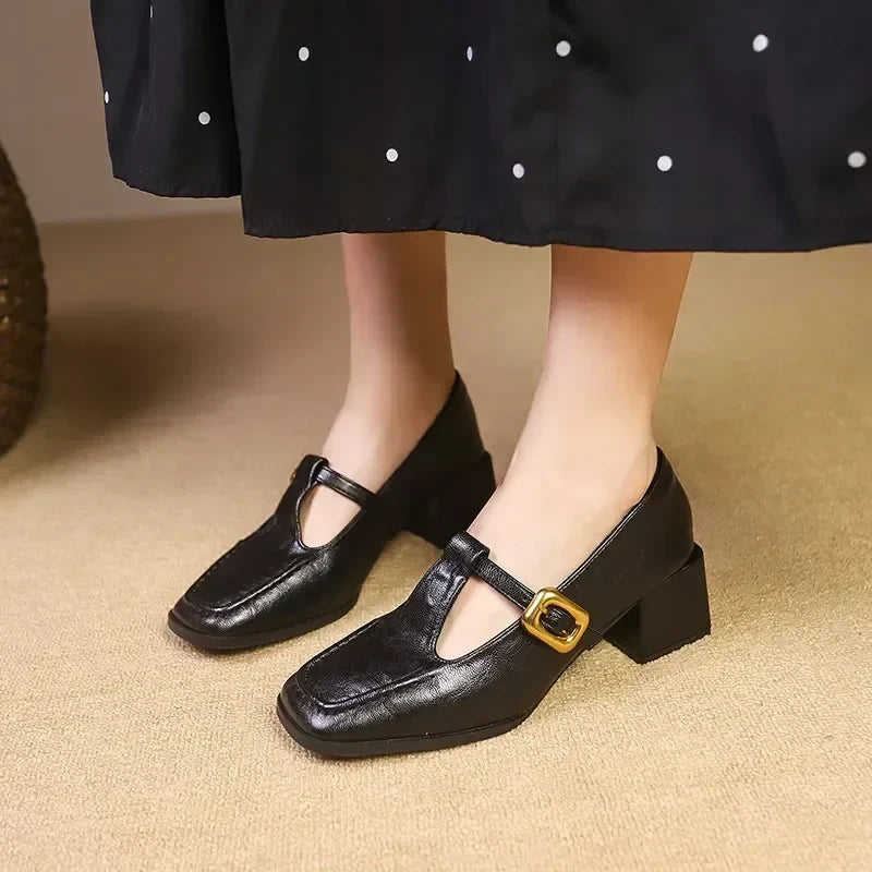 Odette | Women's Square Toe Mary Jane Block Heels with Gold Buckle