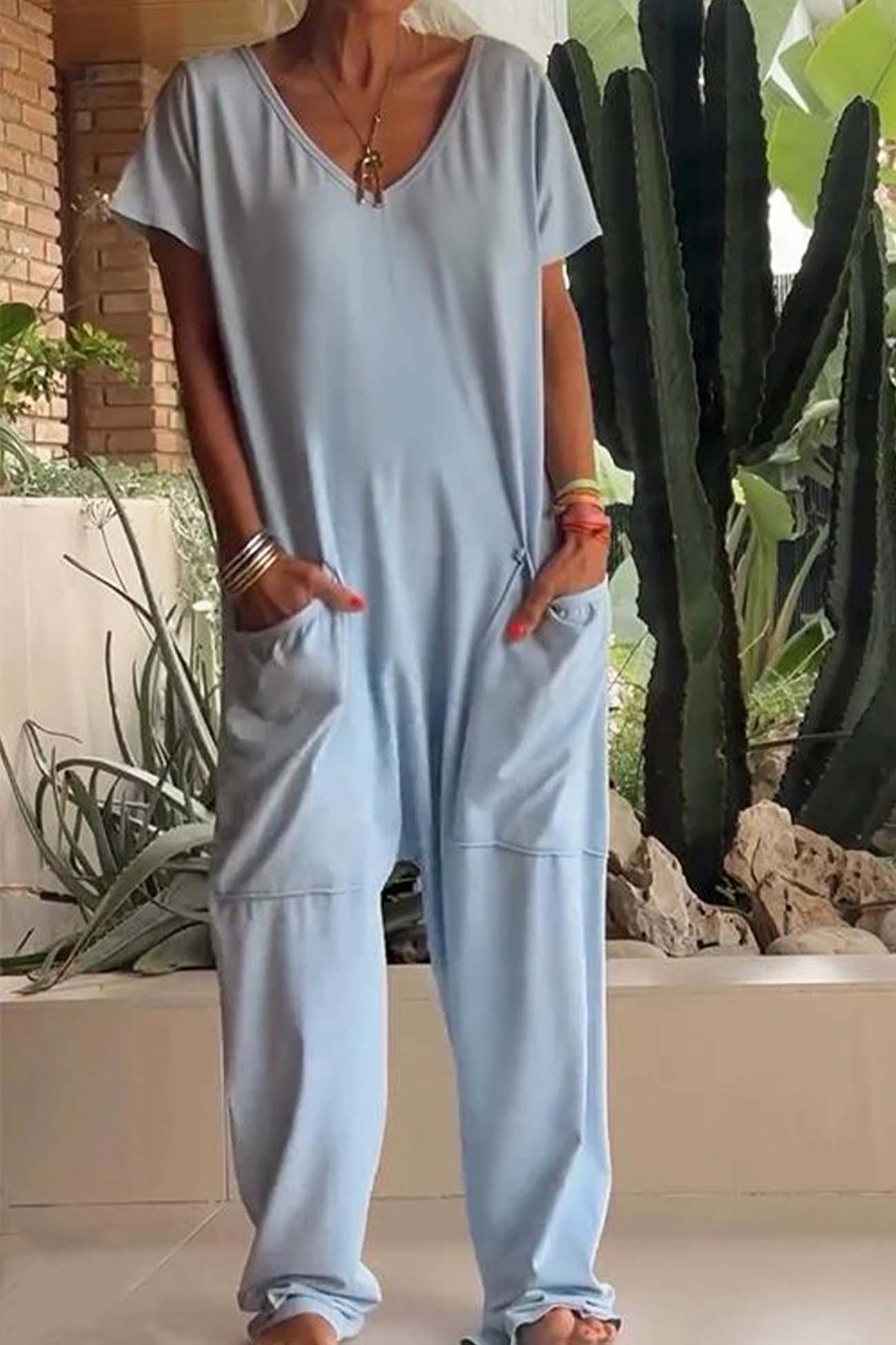 Breezy Women's V-Neck Short Sleeve Loose-Fit Jumpsuit with Pockets