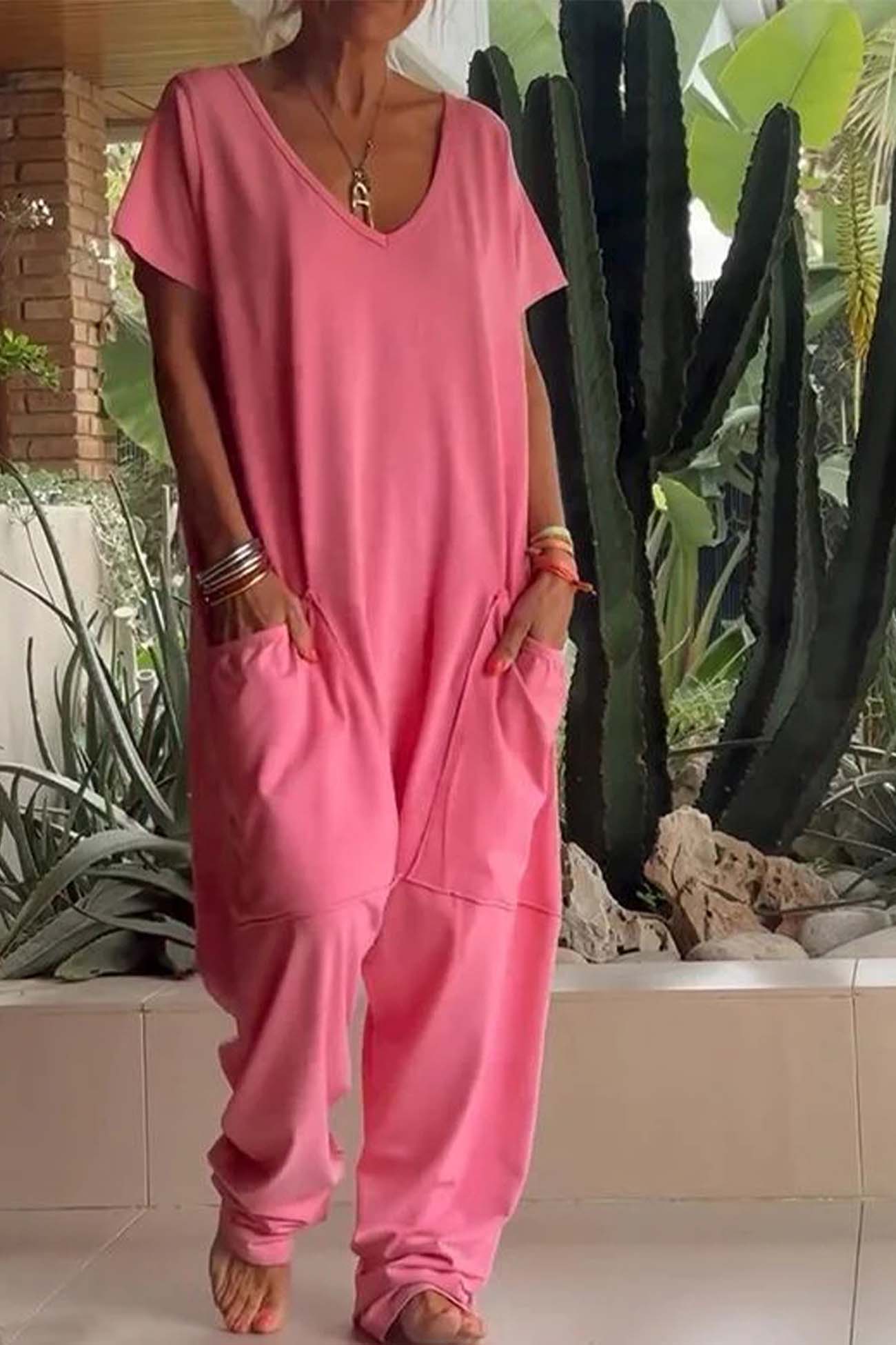 Breezy Women's V-Neck Short Sleeve Loose-Fit Jumpsuit with Pockets
