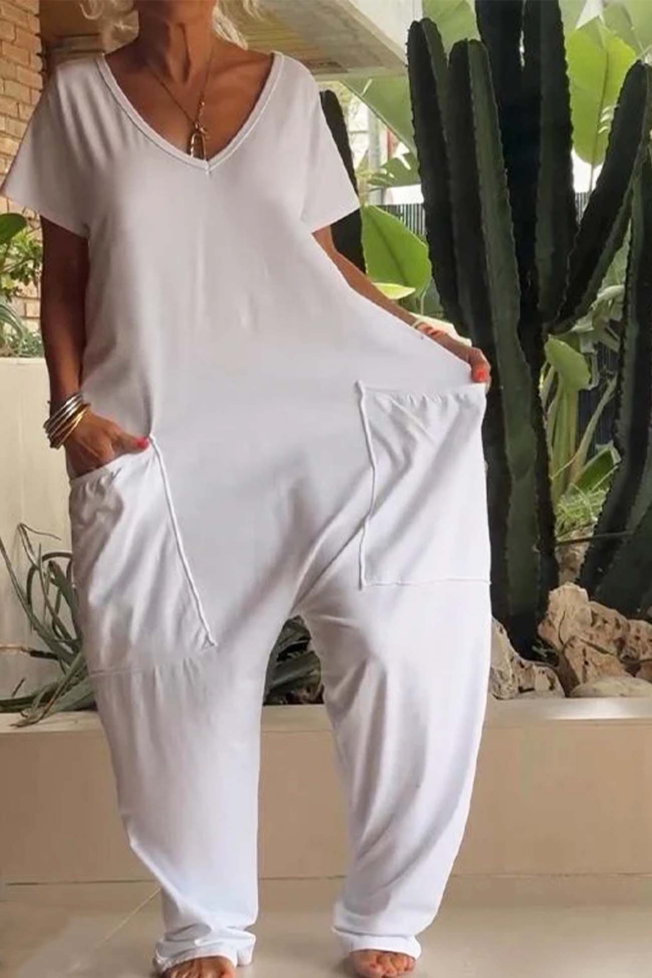 Breezy Women's V-Neck Short Sleeve Loose-Fit Jumpsuit with Pockets