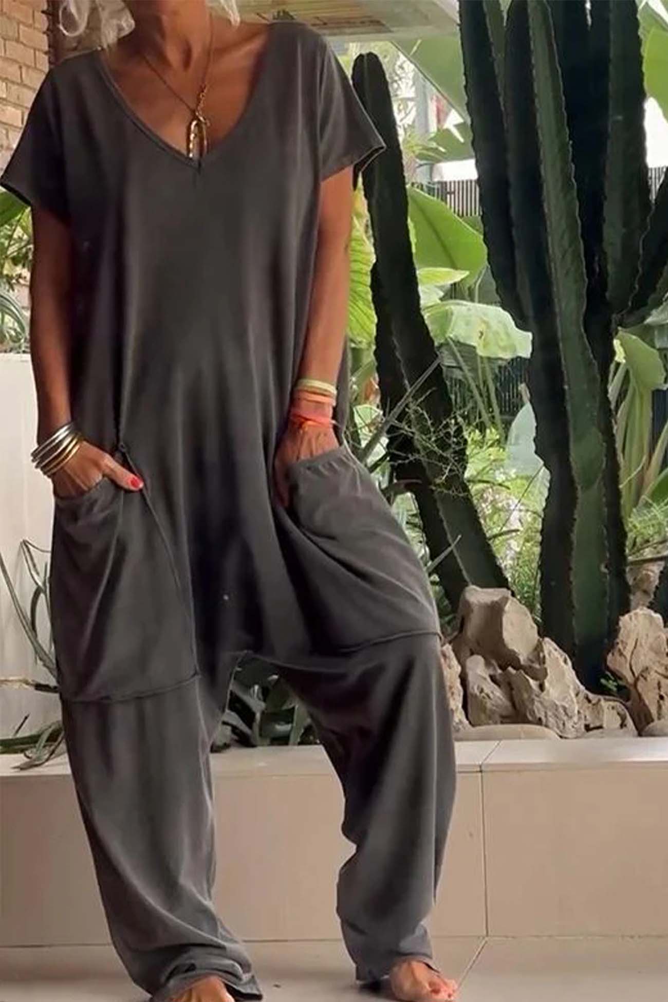 Breezy Women's V-Neck Short Sleeve Loose-Fit Jumpsuit with Pockets