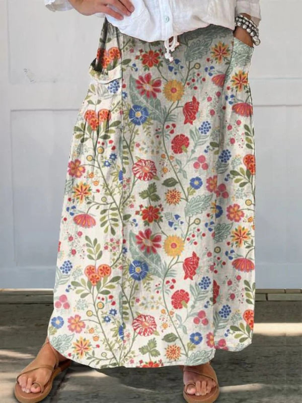 Fabi™ | Floral Print Skirt with Elastic Waistband and Pockets