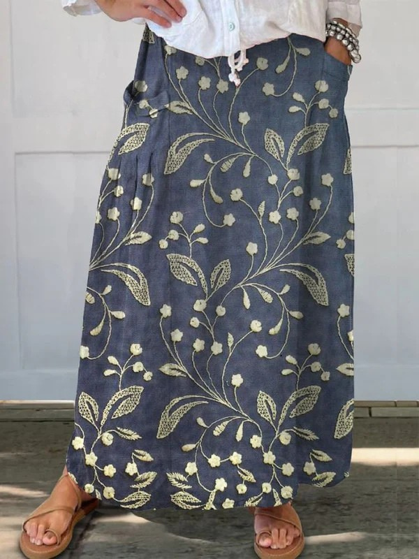Josa™ | Vintage Floral Print Elastic Waist Pocket Skirt