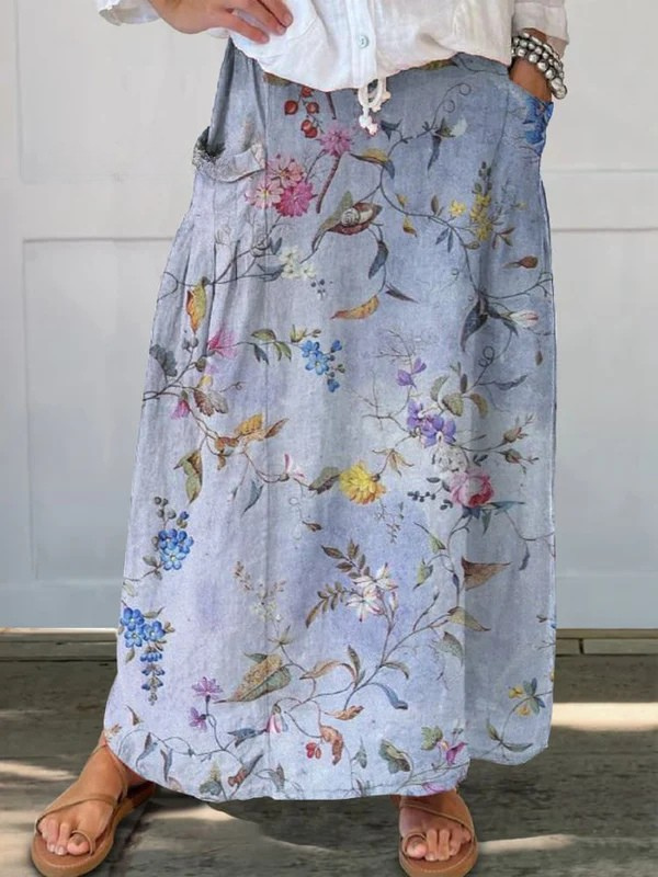 Jeda™ | Chic Vintage Blue Printed Pocket Skirt