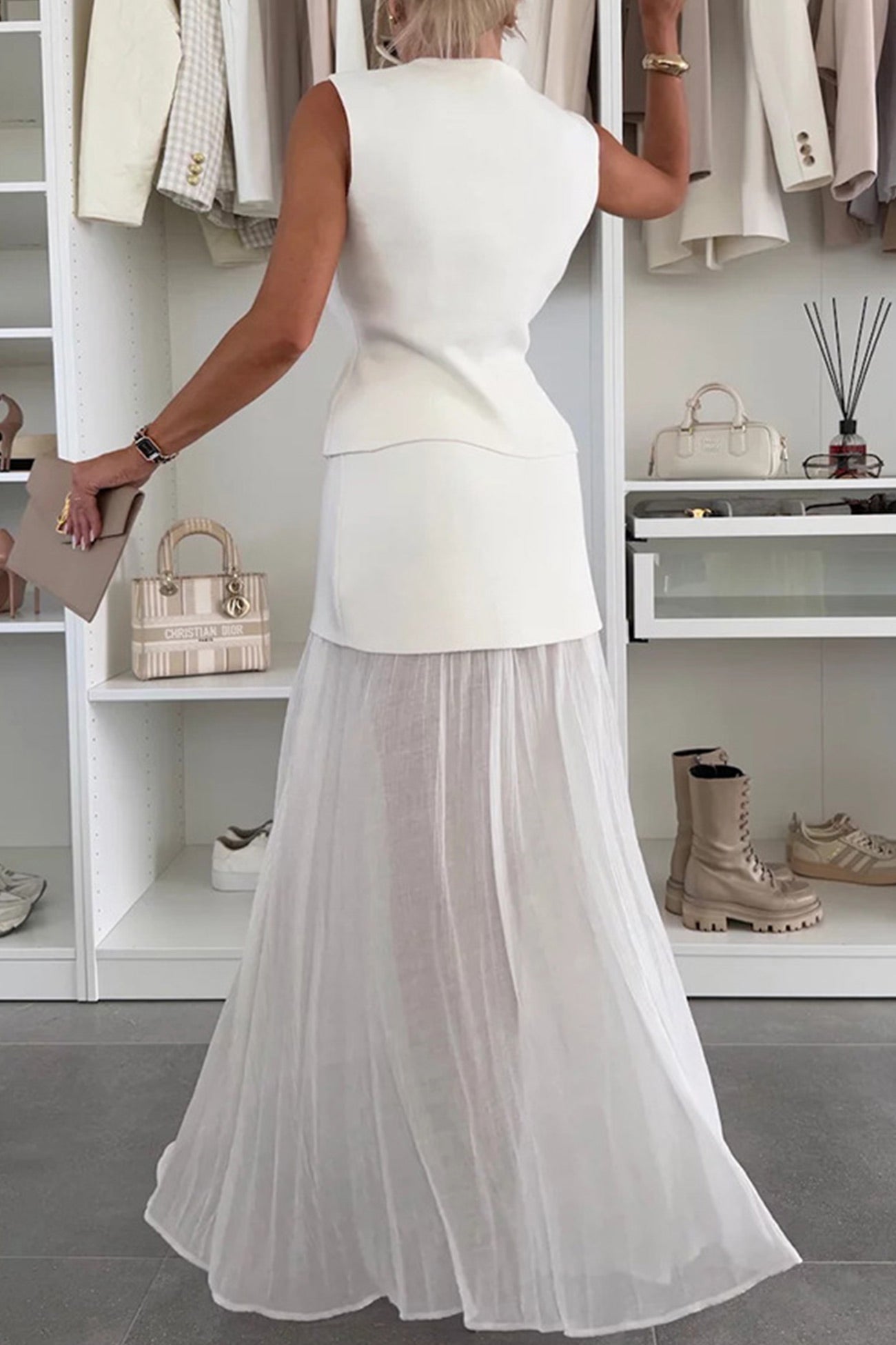 V-Neck Knit Top &amp; Pleated Maxi Skirt Set