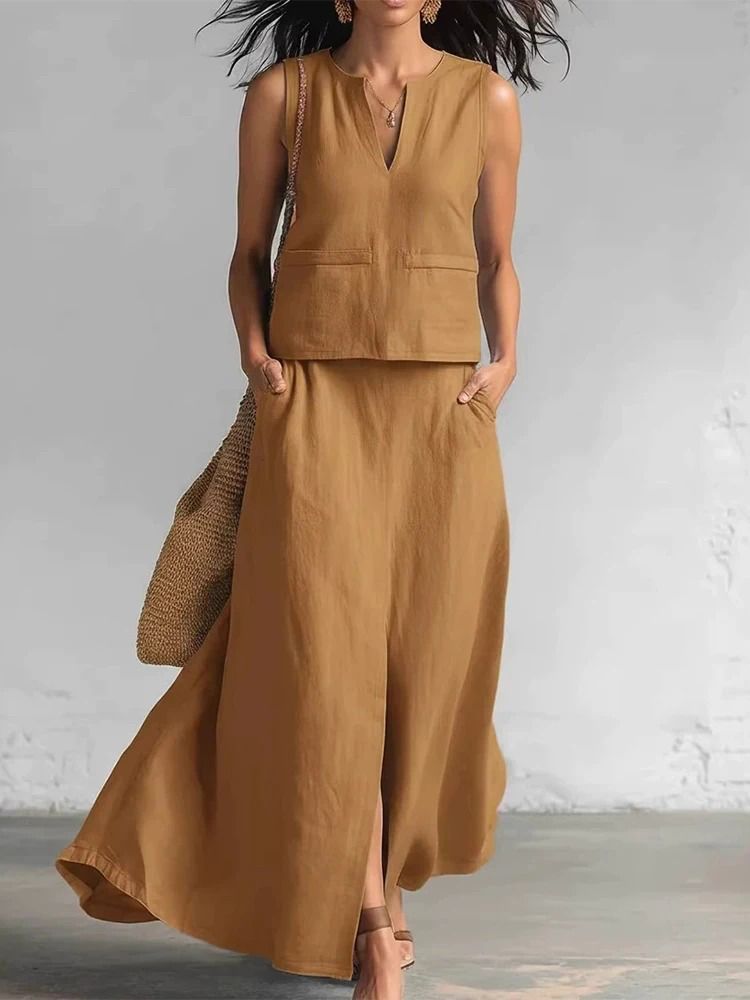 Sleeveless Linen Two-Piece Set