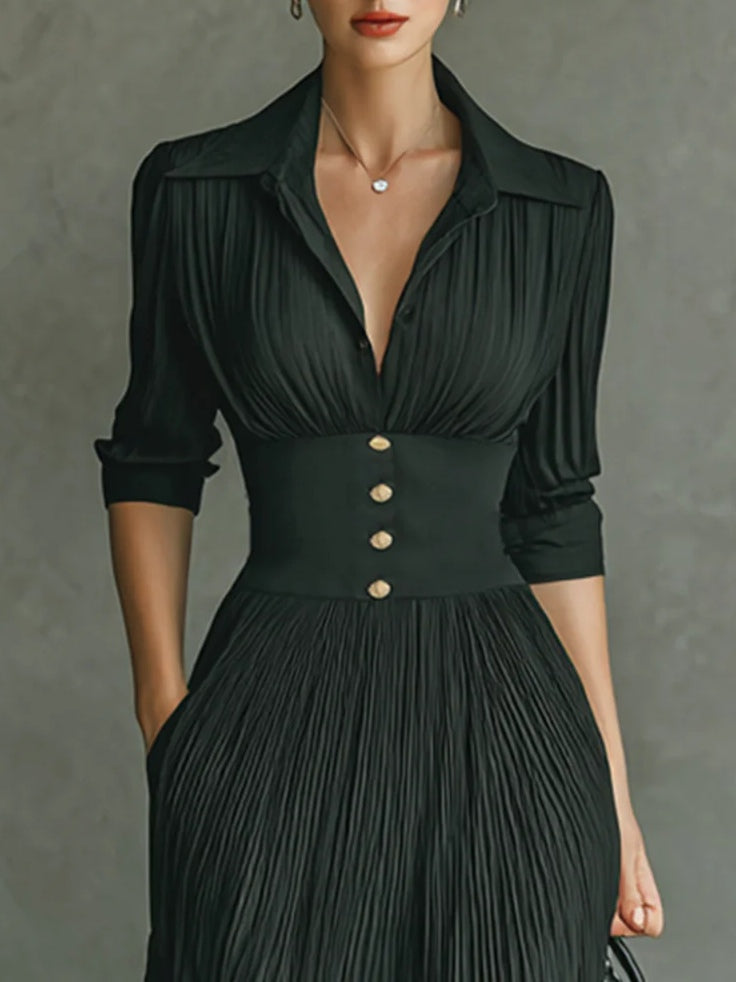 Lindsay™ | Chic Pleated Lapel Maxi Dress