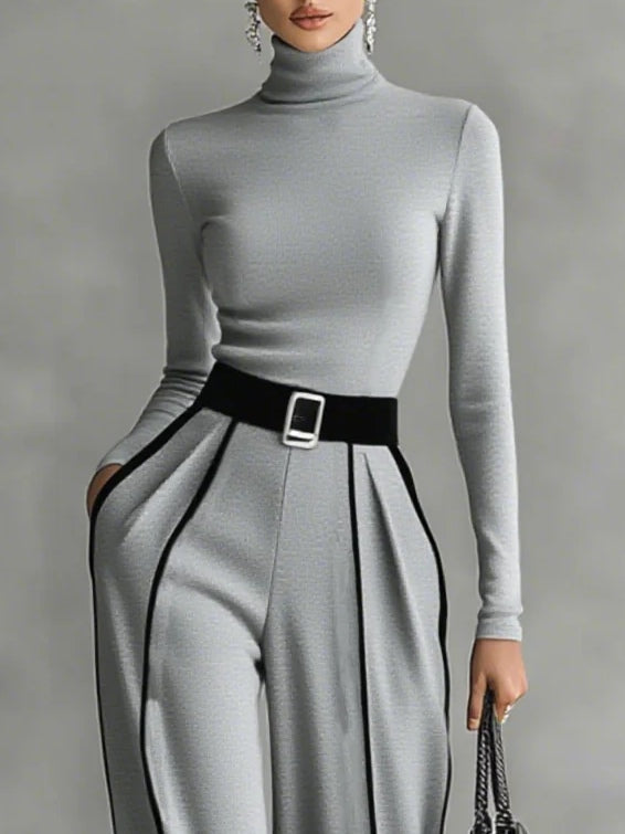 Linda™ | Belted High-Neck Top & Wide-Leg Pants Ensemble