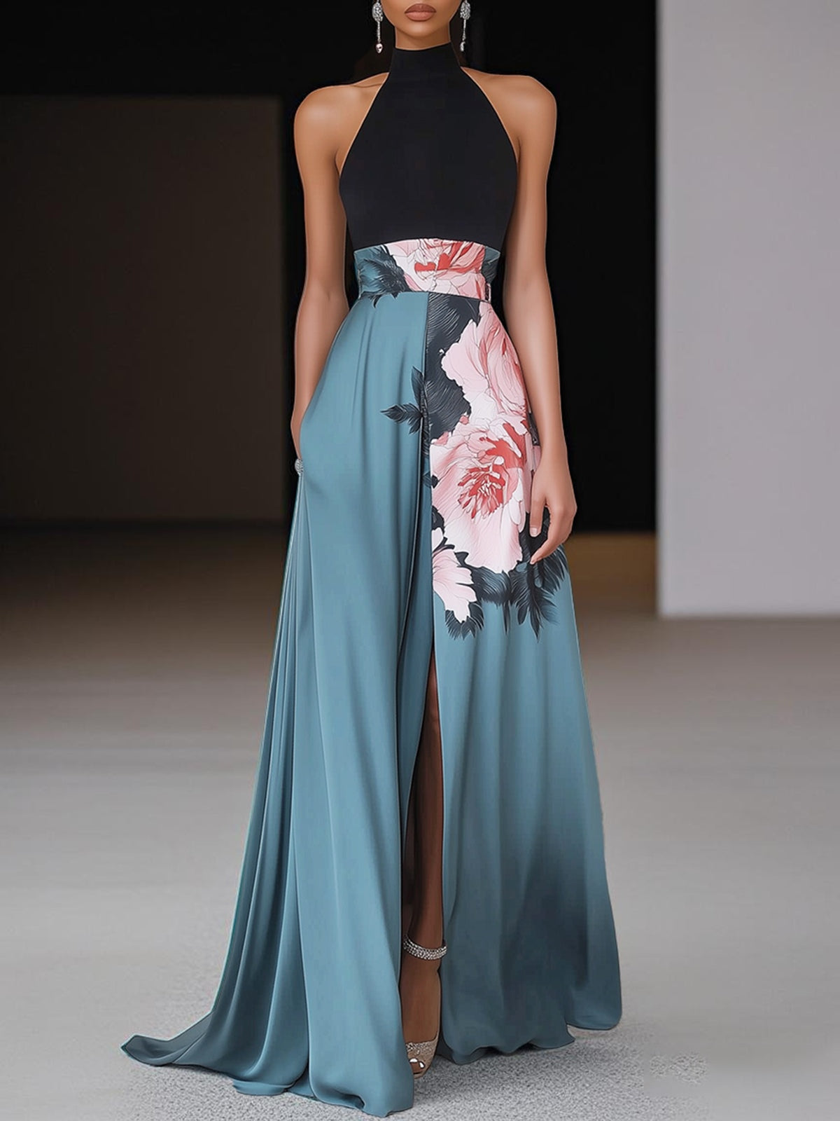 Janelle™ | Black Floral A-Line Maxi Dress with Slit and Classic Crew Neck