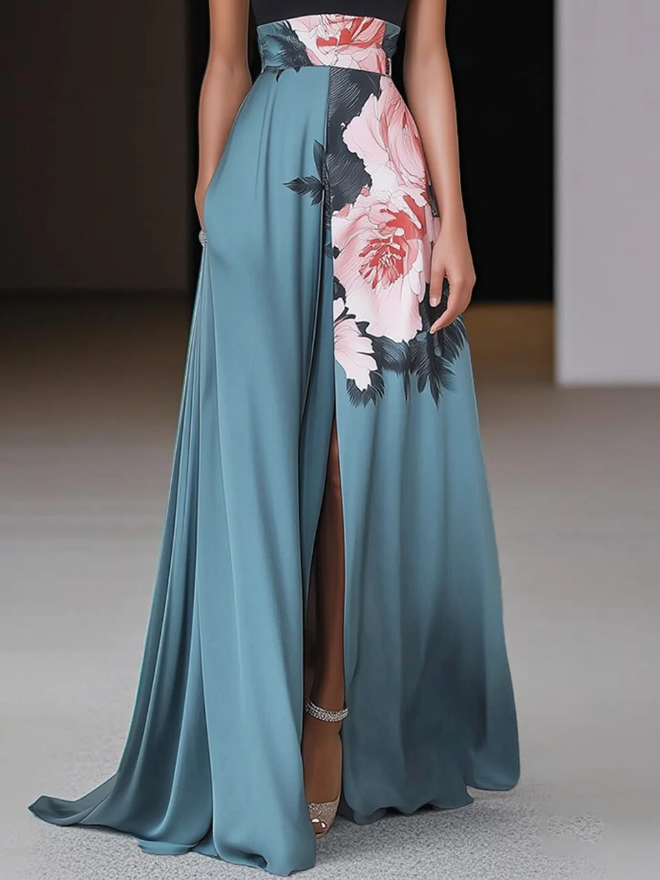 Janelle™ | Black Floral A-Line Maxi Dress with Slit and Classic Crew Neck