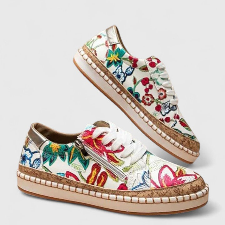 Dahlia | Women's Floral Lace-Up Platform Sneakers with Cork Sole