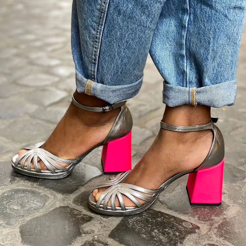 Seraphina™ | Vibrant Shiny Buckle Sandals with Chunky Heel