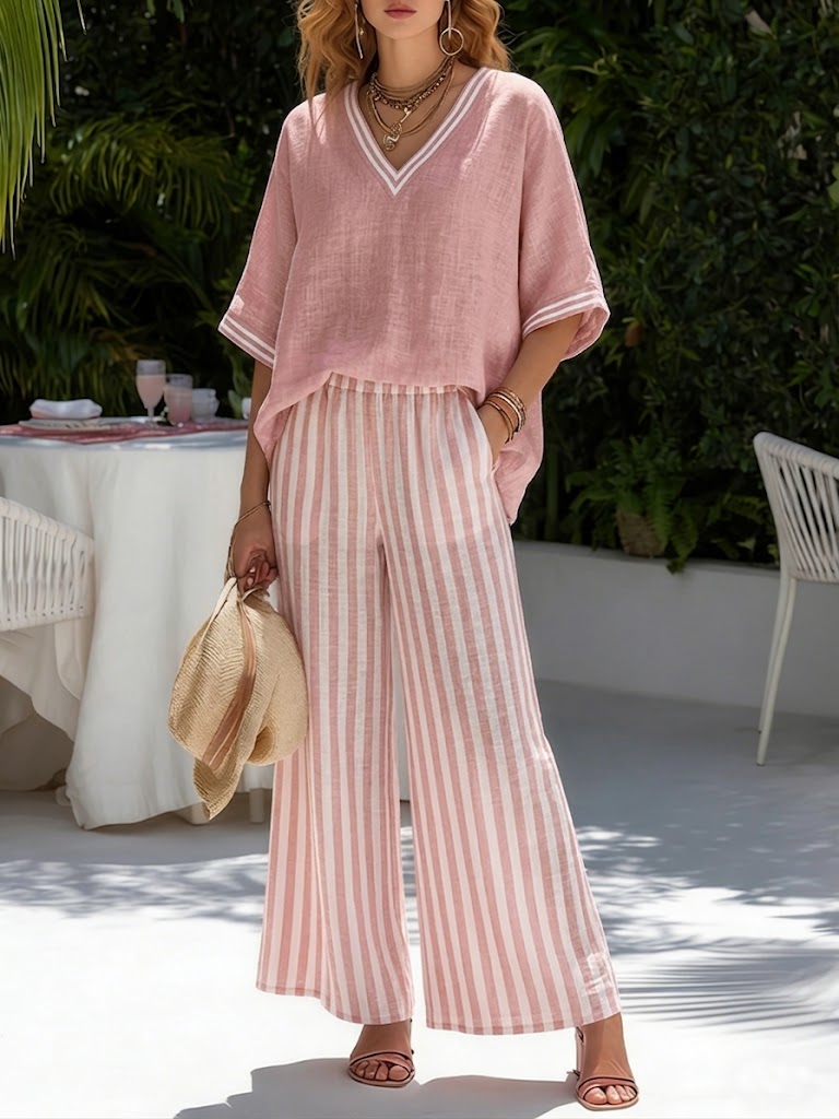 Brynn | Women's V-Neck Striped Wide Leg Pants Ensemble