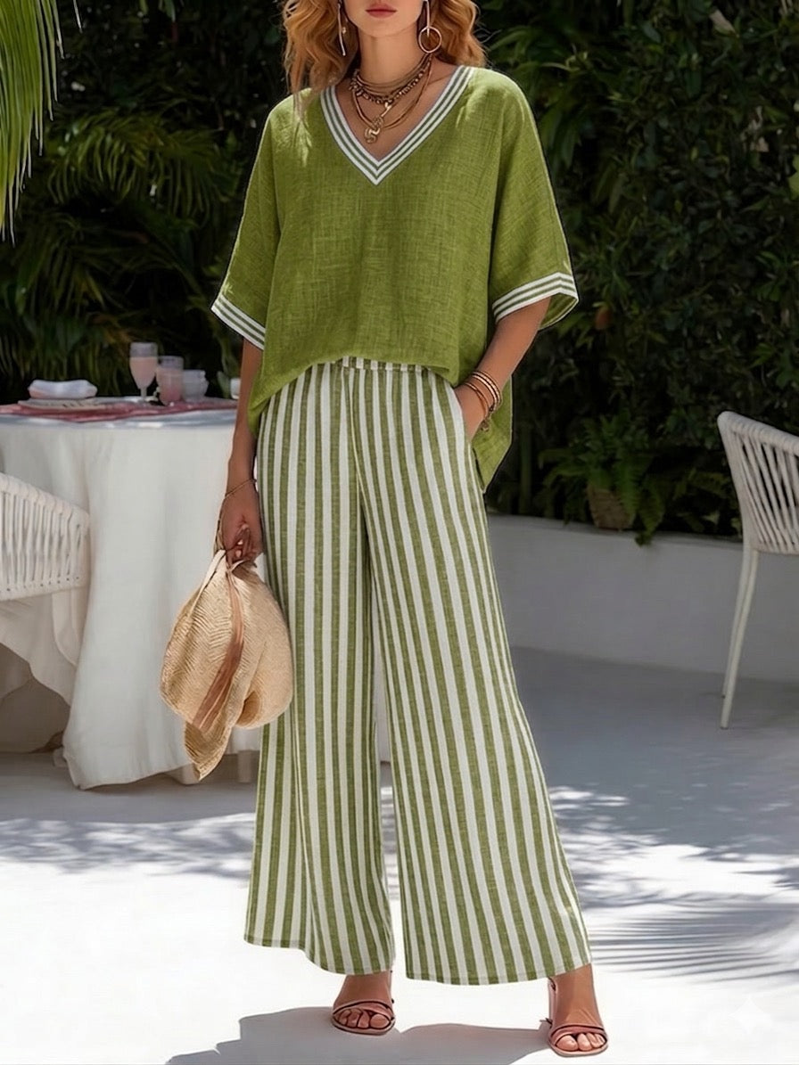 Brynn | Women's V-Neck Striped Wide Leg Pants Ensemble